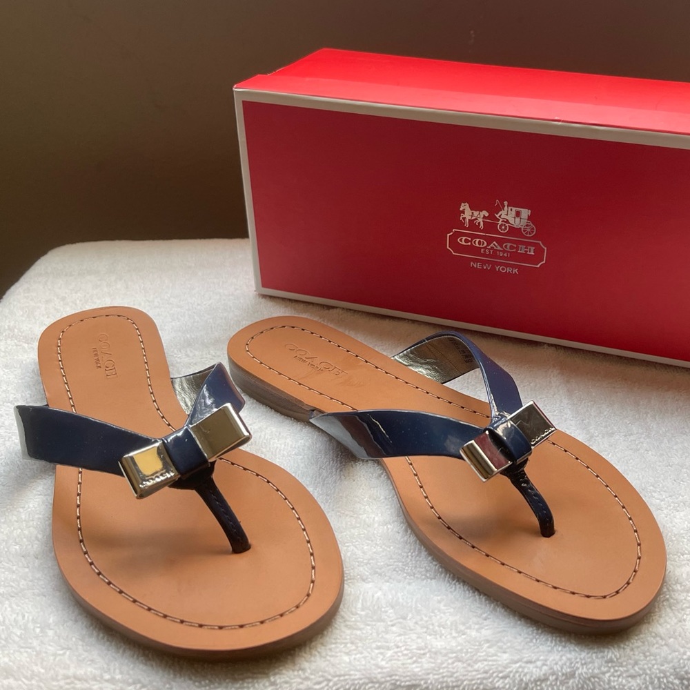 COACH Sandals. NEW. Navy leather with silver hardware.